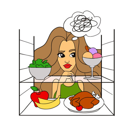 The woman opened the refrigerator door, thinks what food to choose. Modern flat thin line vector illustration isolated on white background. illustration in cartoon style.のイラスト素材