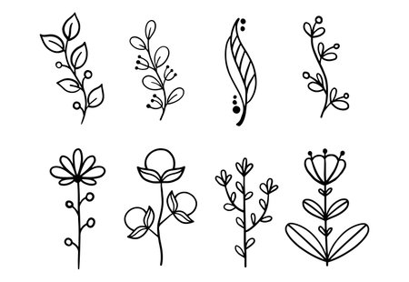 Vector floral set. floral collection with leaves and flowers, drawing doodle. Spring or summer design for invitation, wedding or greeting cardsのイラスト素材