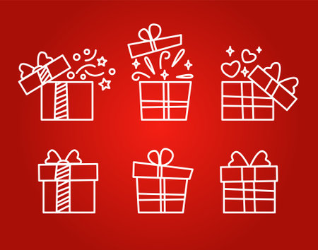 Set of gift boxes on a red background. present. line style. outlineのイラスト素材