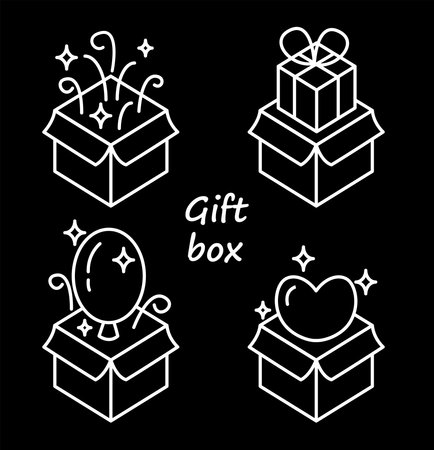 Congratulations. present. fireworks. Vector linear icon on a black background. gift box set. black fridayのイラスト素材