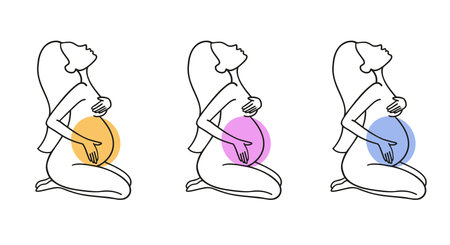 Young pregnant girl with long hair. Set of illustrations. cartoon style. Simple color flat vector illustration isolated on white background.のイラスト素材