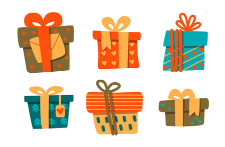 Large set with colorful gifts. Present box icons in flat style, can be used for cards for new year or birthday. vector illustration.のイラスト素材