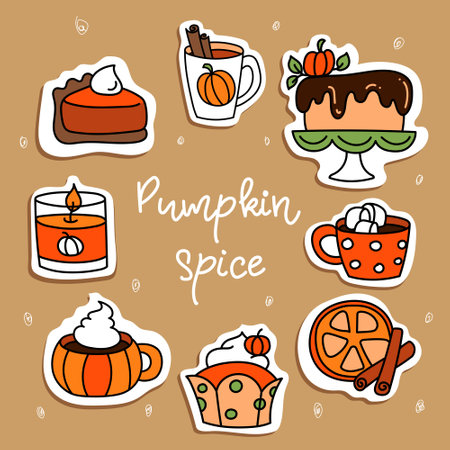 Pumpkin spice latte and muffin fall collection. Vector illustration of maple leaf,oak leaf on white background. Suitable for Thanksgiving and Halloween greeting cards design.のイラスト素材