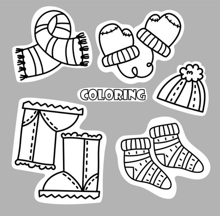 A set of cozy knitted warm clothes. coloring page.のイラスト素材