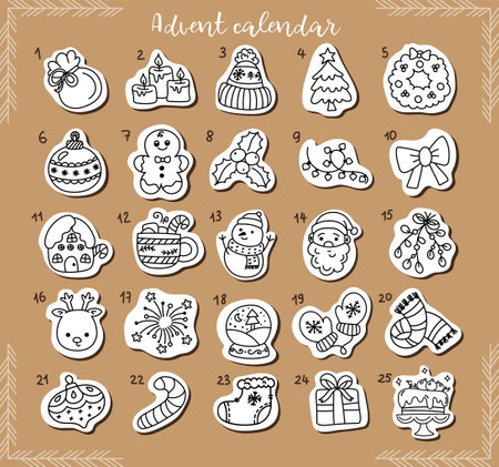 Christmas advent calendar coloring page with holiday elementsのイラスト素材