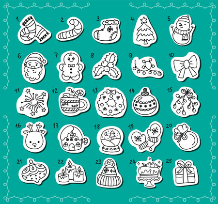 Christmas advent calendar coloring page with holiday elementsのイラスト素材