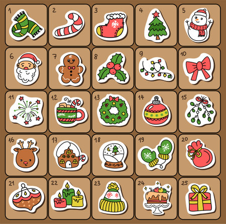 Christmas Advent calendar with hand drawn elements.のイラスト素材