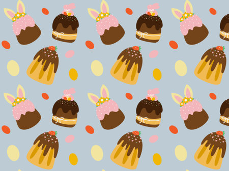 Various types of Easter cakes in a flat style. Easter cake with icing.&#xA;Easter bakery with funny sweets. Cupcake, cake, dessert with easter symbols. Vector design stickers.のイラスト素材