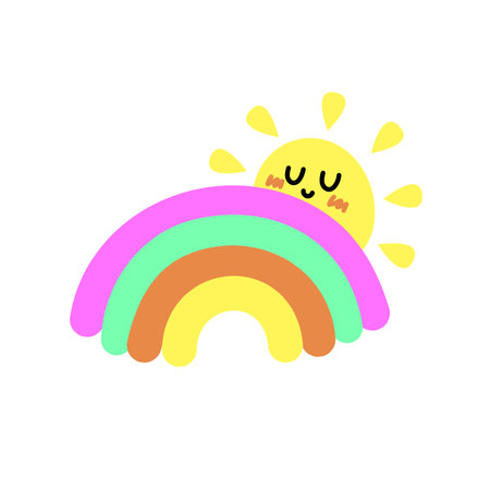 Colored rainbows with clouds and sun. Cartoon illustration isolated on white background.のイラスト素材