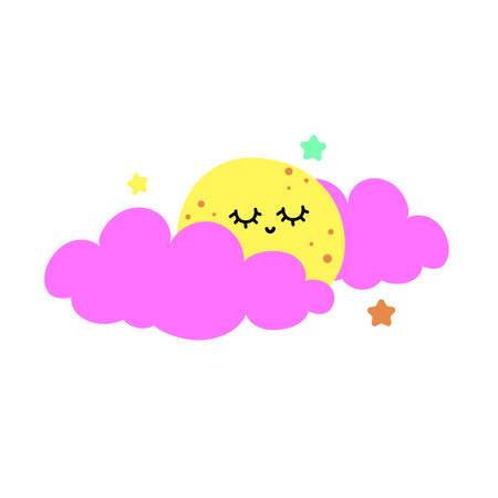 Cute moon in a pink cloud and colorful stars. Baby cute vector illustration.のイラスト素材
