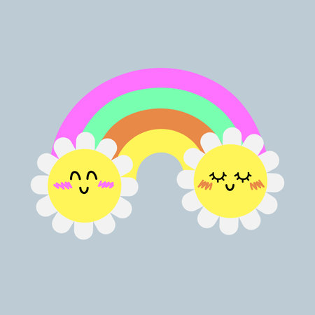 Fun daisy chamomile flowers and colorful rainbow. Cute vector illustrationのイラスト素材