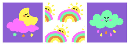 Set of cute rainbow, cloud and sun. Vector illustration in cartoon style.のイラスト素材