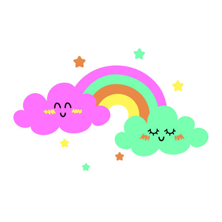 Cute smiling clouds with colorful rainbow and stars. Baby cute vector illustrationのイラスト素材