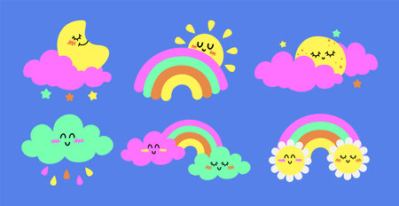 Cute kawaii rainbow, clouds and sun. Vector illustrationのイラスト素材