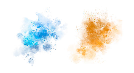 colorful watercolor stains and splashes (blue, orange) with grunge style rough strokes and edges, brush stroke and paint texture - isolated on white background vector illustrationのイラスト素材