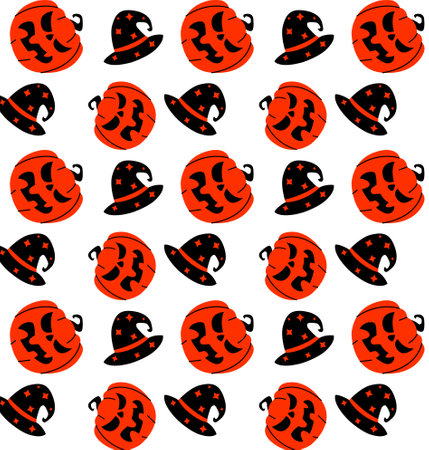 A bright festive pattern with pumpkins, a witch hat, flags, bats and confetti in black and orange colors. Halloween seamless illustration for printing on packaging, postcards, banners, fabrics, etcのイラスト素材