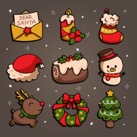 Set of vector Christmas icons. Gift, ball, candle, donut, candy, gift, hat, mittens isolated on dark background.のイラスト素材