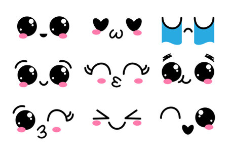 Set of cute lovely kawaii emoticon. Doodle cartoon face in childlike manga cartoon style.のイラスト素材