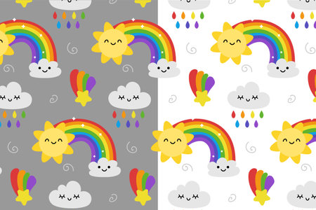 seamless vector illustration with sun and rainbow patternのイラスト素材