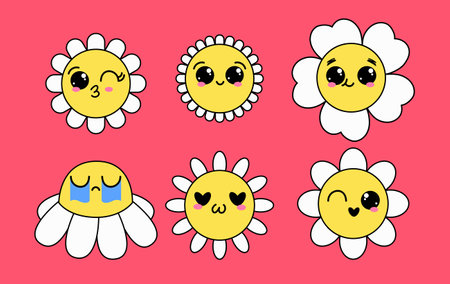Daisy flowers with cartoon funny smiling faces, chamomile characters. Cute camomile happy emotion. Kids logo design with daisies vector set. Illustration of smile floral flower, bloom camomileのイラスト素材