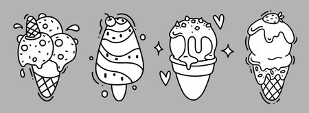 Sweets doodle coloring book page. Antistress for adults. Outline black and white illustrationのイラスト素材