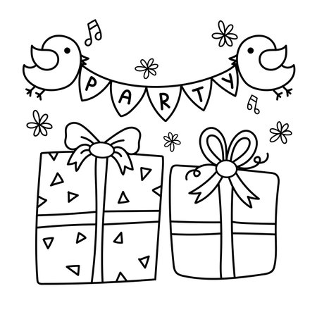 doodle icon of cartoon gift boxes a birthday partyのイラスト素材
