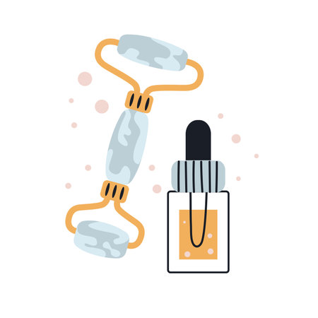 Massage roller, oil bottle. Facial massagers, facial treatments. Tools for skin care and tone improvement. Self care at home. Wellness concept. Vector Illustrationのイラスト素材