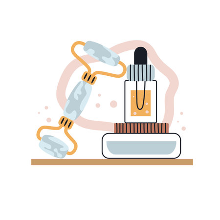 Massage roller, oil bottle. Facial massagers, facial treatments. Tools for skin care and tone improvement. Self care at home. Wellness concept. Vector Illustrationのイラスト素材