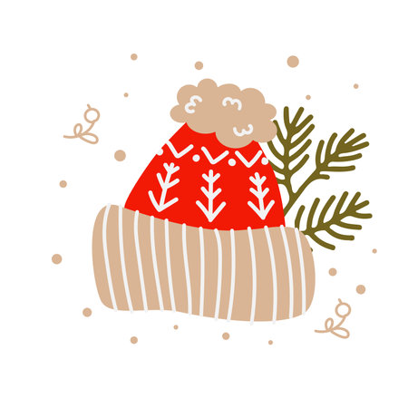 Christmas warm red hat with christmas tree branches. Cute handdrawn composition in flat style. Vector illustrationのイラスト素材