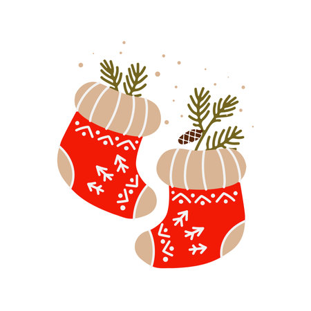 Red christmas boot, winter season and decoration vector handdrawn illustrationのイラスト素材
