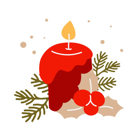 Christmas candle decorative composition in flat style. Vector hand drawn illustration for greeting cards, invitations, posters. Winter holidays design.のイラスト素材