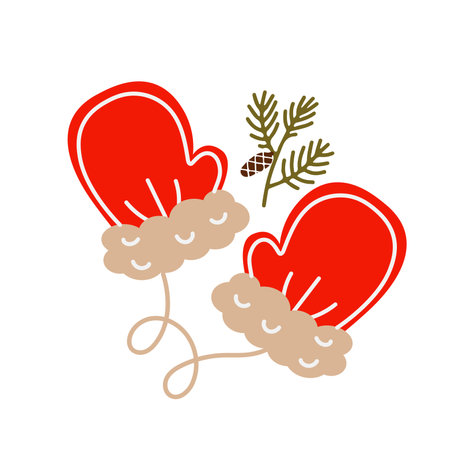 Red christmas mittens. vector hand drawn illustration. Flat design style. Christmas gloves, decorations.のイラスト素材