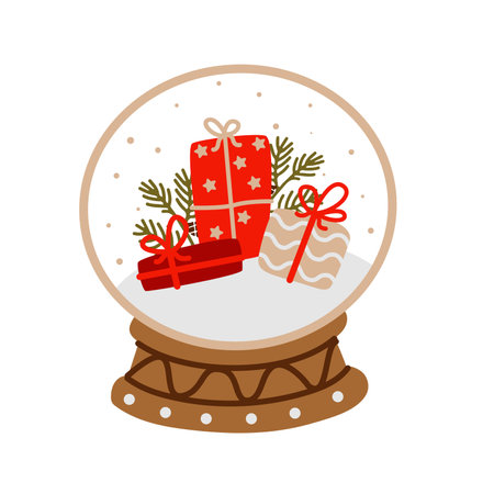 Christmas snow ball with gifts. New Year glass snow globe. Vector illustrationのイラスト素材