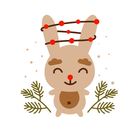 Christmas illustration with cute rabbit, garland and Christmas tree branches. New year 2023.のイラスト素材