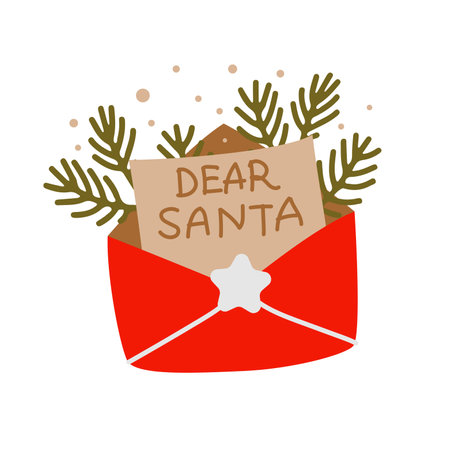 Christmas letter in an open envelope for Santa. Tree branches. Vector illustration in flat styleのイラスト素材