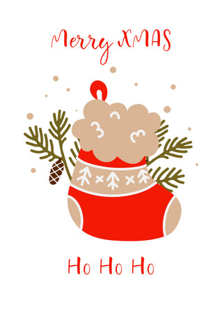 Merry Christmas and ho ho ho ho vector greeting card with cute red christmas bootのイラスト素材