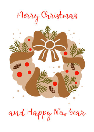 Vector greeting card Merry Christmas and Happy New Year with a cute Christmas wreath. Christmas decorのイラスト素材