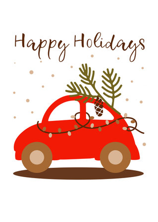 Vector postcard red car with Christmas tree.
Christmas decor. Greeting card Happy Holidaysのイラスト素材