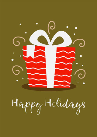 Postcard with gift box Merry Christmas and Happy Holidays. Decorative poster, banner for christmasのイラスト素材