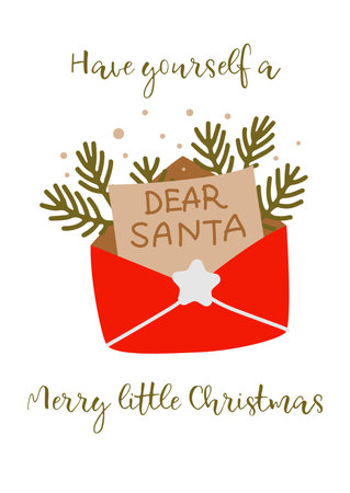 Vector greeting card Merry Christmas and Happy New Year with envelope letter Santa Claus. Christmas decorのイラスト素材