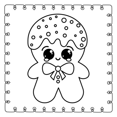 Coloring page of a cute cartoon gingerbread wiht Christmas presends. Vector black and white illustration isolated on white background.のイラスト素材