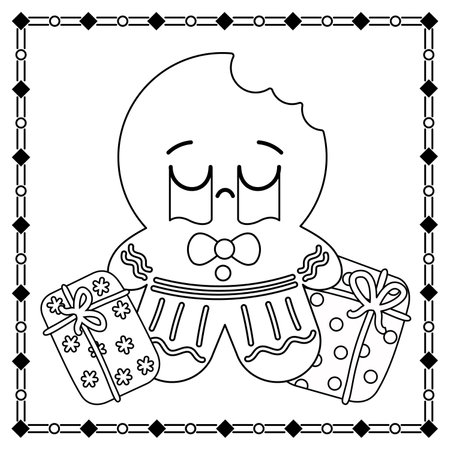 Coloring page of a cute cartoon gingerbread wiht Christmas presends. Vector black and white illustration isolated on white background.のイラスト素材