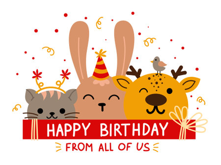 Birthday card with cute forest animals. Cat, rabbit and deer drawn in flat style. A greeting card from all of us.のイラスト素材