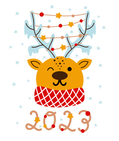Hand drawn card with cute reindeer face in scaf, garland hanging from antlers, text 2023. Vector illustration Isolated on white. Flat style design. Concept for holiday print.のイラスト素材