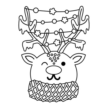 Coloring page of cute cartoon deer with garland and scarf. Linear hand drawing. Vector illustrationのイラスト素材