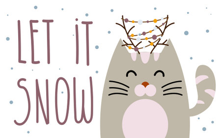 Postcard with a cat with deer antlers and snowflakes on a white background. Let it snow. Festive winter backgroundのイラスト素材