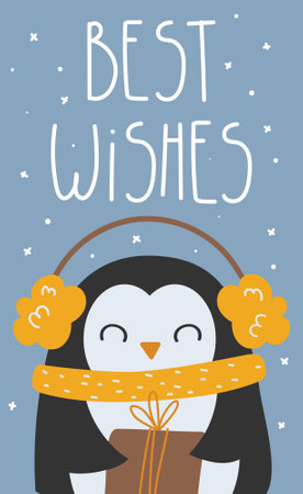Vector cartoon Christmas and New Year greeting cards with a cute penguin holding a small present. Hand lettering Best wishesのイラスト素材