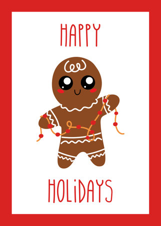 Christmas card with gingerbread and hand lettering Happy Holidays. Cute gingerbread cookies, winter baking. Garlandのイラスト素材