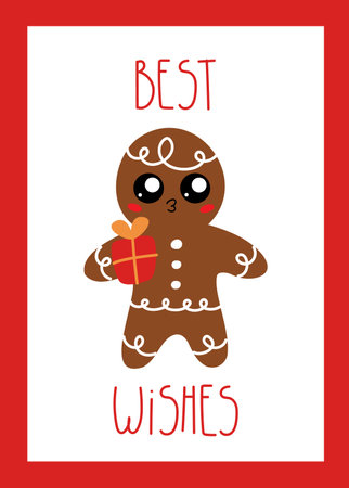 Christmas card with gingerbread and hand lettering Best wishes. Cute gingerbread, winter bakingのイラスト素材