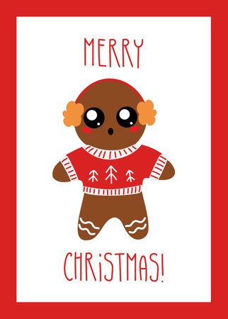 Christmas card with gingerbread and hand lettering Merry Christmas. Cute gingerbread cookies, winter baking.のイラスト素材